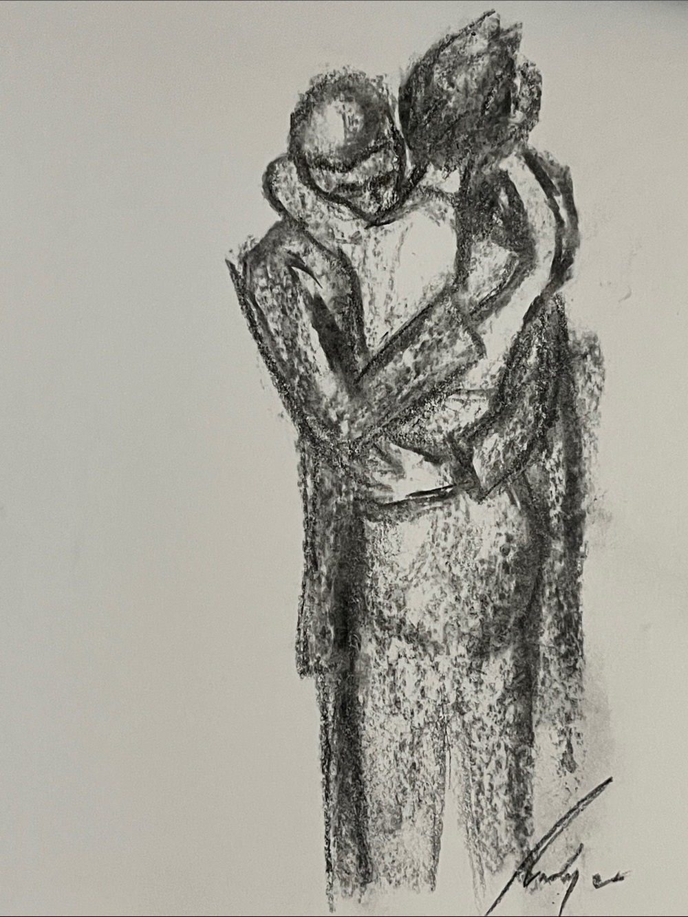 Charcoal Embrace - Monochrome Couple Sketch Drawing Original Art